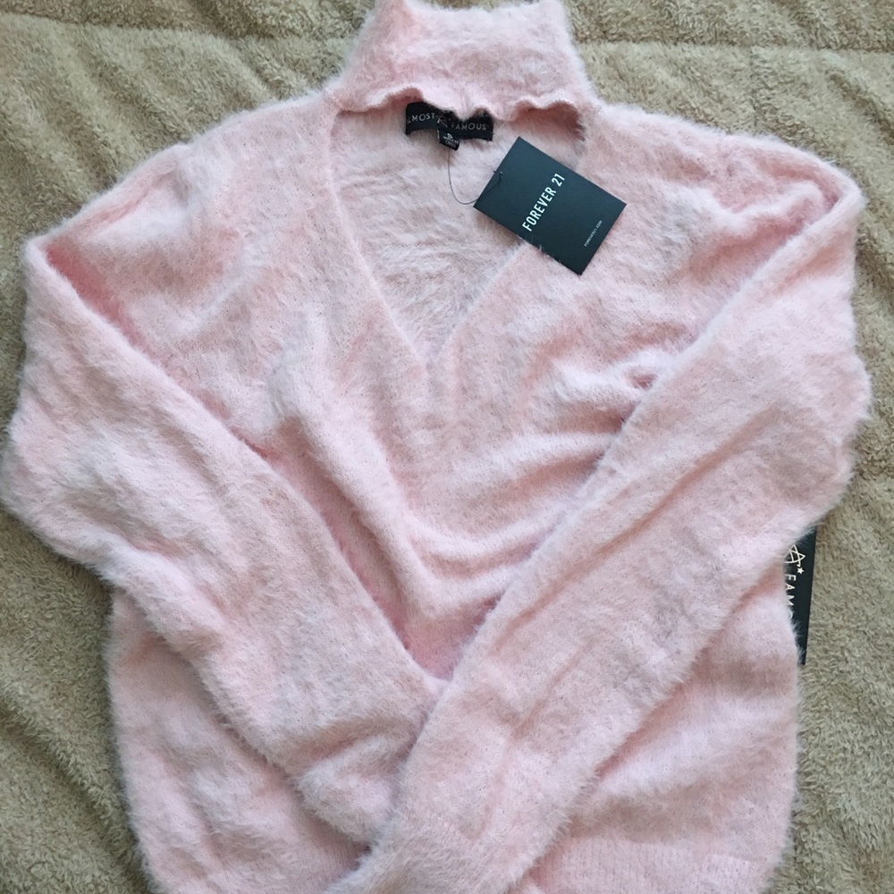Forever 21 fuzzy pink mockneck sweater